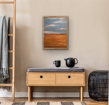 Load image into Gallery viewer, Studio Brambilla Aware Winning Toronto Artist: Home Decor: Studio Brambilla Aware Winning Toronto Artist: Home Decor: Here is a bright and cheery beach scene. You are walking to the shore line and enjoying how the lovely clouds and the surf compliment each other. The air is fresh, the sand is inviting and you're going to have a great day at the beach. Enjoy!! This is a 18"x24" oil on wood panel with a shiny resin finish to add to the brightness of the work. Framed in a floating natural wood floating frame.