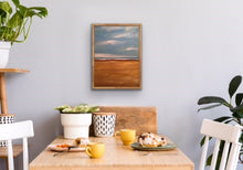 Load image into Gallery viewer, Studio Brambilla Aware Winning Toronto Artist: Home Decor: Here is a bright and cheery beach scene. You are walking to the shore line and enjoying how the lovely clouds and the surf compliment each other. The air is fresh, the sand is inviting and you're going to have a great day at the beach. Enjoy!! This is a 18"x24" oil on wood panel with a shiny resin finish to add to the brightness of the work. Framed in a floating natural wood floating frame.