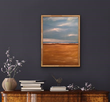 Load image into Gallery viewer, Studio Brambilla Aware Winning Toronto Artist: Home Decor: Here is a bright and cheery beach scene. You are walking to the shore line and enjoying how the lovely clouds and the surf compliment each other. The air is fresh, the sand is inviting and you're going to have a great day at the beach. Enjoy!! This is a 18"x24" oil on wood panel with a shiny resin finish to add to the brightness of the work. Framed in a floating natural wood floating frame.