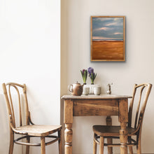 Load image into Gallery viewer, Studio Brambilla Aware Winning Toronto Artist: Home Decor: Here is a bright and cheery beach scene. You are walking to the shore line and enjoying how the lovely clouds and the surf compliment each other. The air is fresh, the sand is inviting and you're going to have a great day at the beach. Enjoy!! This is a 18"x24" oil on wood panel with a shiny resin finish to add to the brightness of the work. Framed in a floating natural wood floating frame.