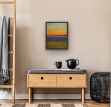 Load image into Gallery viewer, Studio Brambilla Aware Winning Toronto Artist: Home Decor: The golden sun is setting up a beautiful sunset over the lake. This painting is based on a photo I took. I needed to translate this amazing sight into the poetry of a painting. I hope you like it! This is 16"x20" Acrylic on wood panel with a buffed resin and wax finish which gives the painting an atmospheric quality. It is contained in a black floating frame.