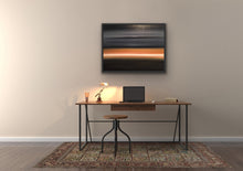 Load image into Gallery viewer, Studio Brambilla Aware Winning Toronto Artist: Home Decor: As you're dreaming, you see the light on the horizon surrounded by a bronze glow. The rest of the sky and water are black to dark grey and there is a cloud floating above... or is that an island in the sky? Relax. You are entering a peaceful place and looking forward to exploring the light. At 24"x30" this oil on canvas work is suitable for medium sized spaces finished smartly with a black floating frame.
