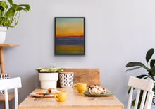 Load image into Gallery viewer, Studio Brambilla Aware Winning Toronto Artist: Home Decor: The golden sun is setting up a beautiful sunset over the lake. This painting is based on a photo I took. I needed to translate this amazing sight into the poetry of a painting. I hope you like it! This is 16"x20" Acrylic on wood panel with a buffed resin and wax finish which gives the painting an atmospheric quality. It is contained in a black floating frame.