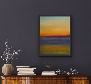 Studio Brambilla Aware Winning Toronto Artist: Home Decor: The golden sun is setting up a beautiful sunset over the lake. This  painting is based on a photo I took. I needed to translate this amazing sight into the poetry of a painting. I hope you like it! This is 16"x20" Acrylic on wood panel with a buffed resin and wax finish which gives the painting an atmospheric quality. It is contained in a black floating frame.