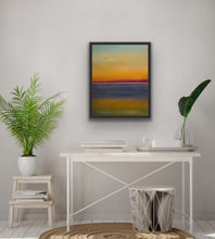 Load image into Gallery viewer, Studio Brambilla Aware Winning Toronto Artist: Home Decor: The golden sun is setting up a beautiful sunset over the lake. This painting is based on a photo I took. I needed to translate this amazing sight into the poetry of a painting. I hope you like it! This is 16"x20" Acrylic on wood panel with a buffed resin and wax finish which gives the painting an atmospheric quality. It is contained in a black floating frame.