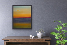 Load image into Gallery viewer, Studio Brambilla Aware Winning Toronto Artist: Home Decor: The golden sun is setting up a beautiful sunset over the lake. This painting is based on a photo I took. I needed to translate this amazing sight into the poetry of a painting. I hope you like it! This is 16"x20" Acrylic on wood panel with a buffed resin and wax finish which gives the painting an atmospheric quality. It is contained in a black floating frame.
