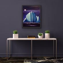 Load image into Gallery viewer, Studio Brambilla Aware Winning Toronto Artist: Home Decor: I love how the Group of Seven artist, Lawren Harris, depicted the beauty of icebergs. This is an homage to Harris, whereby, inspired by his vision, I try to show the majesty of an iceberg that looks like a cathedral by placing it under a violet moon. Very surreal and very dramatic. A lovely and unique conversation piece.