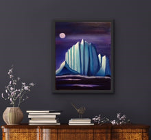 Load image into Gallery viewer, Studio Brambilla Aware Winning Toronto Artist: Home Decor: I love how the Group of Seven artist, Lawren Harris, depicted the beauty of icebergs. This is an homage to Harris, whereby, inspired by his vision, I try to show the majesty of an iceberg that looks like a cathedral by placing it under a violet moon. Very surreal and very dramatic. A lovely and unique conversation piece.