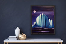 Load image into Gallery viewer, Studio Brambilla Aware Winning Toronto Artist: Home Decor: I love how the Group of Seven artist, Lawren Harris, depicted the beauty of icebergs. This is an homage to Harris, whereby, inspired by his vision, I try to show the majesty of an iceberg that looks like a cathedral by placing it under a violet moon. Very surreal and very dramatic. A lovely and unique conversation piece.