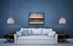 Studio Brambilla Aware Winning Toronto Artist: Home Decor: Sunrises create the most amazing views don't they? Here I have tried to recreate a beautiful view showing clouds at the horizon being turned into pink cotton balls with flashes of sunlight radiating out above the clouds. Sheer bliss as you walk along the beach with the waves licking your toes.  This is oil on canvas and is 22"x28" surrounded by a black floating frame.