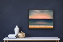Load image into Gallery viewer, Studio Brambilla Aware Winning Toronto Artist: Home Decor: Sunrises create the most amazing views don't they? Here I have tried to recreate a beautiful view showing clouds at the horizon being turned into pink cotton balls with flashes of sunlight radiating out above the clouds. Sheer bliss as you walk along the beach with the waves licking your toes. This is oil on canvas and is 22"x28" surrounded by a black floating frame.