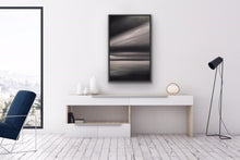 Load image into Gallery viewer, Studio Brambilla Aware Winning Toronto Artist: Home Decor: You know how powerful black and white photos can be? Well here I wanted to explore how one would perceive a black and white sunset and how that would affect the viewer. It reminds me of an image from a film noire. Very dramatic and it lets the imagination run free. This work is 24"x36" oil on canvas appropriately surrounded by a floating black frame.