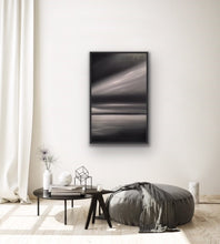 Load image into Gallery viewer, Studio Brambilla Aware Winning Toronto Artist: Home Decor:You know how powerful black and white photos can be? Well here I wanted to explore how one would perceive a black and white sunset and how that would affect the viewer. It reminds me of an image from a film noire. Very dramatic and it lets the imagination run free. This work is 24"x36" oil on canvas appropriately surrounded by a floating black frame.