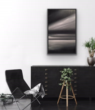 Load image into Gallery viewer, Studio Brambilla Aware Winning Toronto Artist: Home Decor:You know how powerful black and white photos can be? Well here I wanted to explore how one would perceive a black and white sunset and how that would affect the viewer. It reminds me of an image from a film noire. Very dramatic and it lets the imagination run free. This work is 24"x36" oil on canvas appropriately surrounded by a floating black frame.