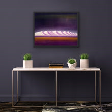 Load image into Gallery viewer, Studio Brambilla Aware Winning Toronto Artist: Home Decor: Have you ever noticed that mountain ranges have a certain rhythm to them? They rise and fall like notes on a musical scale. Here is my version of a mountain range that flows in close mystical harmony. Look and listen and enjoy. This 24"x30" oil on wood panel is finished with shinny resin and sports a black floating frame.