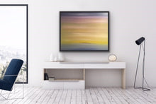 Load image into Gallery viewer, Studio Brambilla Aware Winning Toronto Artist: Home Decor: I wanted to feel how a child sees the world. This work is full of cheerful colours blending imperceptibly into each other. The softness and atmospheric quality of this painting and the hint of an island at the horizon make it surreal, tranquil and serene. At 24"x30" this is a wonderful piece for anywhere in your home. Oil o canvas finished with a black floating frame.