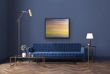 Load image into Gallery viewer, Studio Brambilla Aware Winning Toronto Artist: Home Decor: I wanted to feel how a child sees the world. This work is full of cheerful colours blending imperceptibly into each other. The softness and atmospheric quality of this painting and the hint of an island at the horizon make it surreal, tranquil and serene. At 24"x30" this is a wonderful piece for anywhere in your home. Oil o canvas finished with a black floating frame.