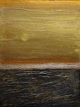 Load image into Gallery viewer, Studio Brambilla Aware Winning Toronto Artist: Home Decor: This pretty much depicts life don't you think. The sky is a beautiful gold but the seas are quite rough. The good and bad. The Yin and Yang. A thought provoking composition. I wanted to feel the roughness of the water so I used Venetian Plaster on a wood panel to get the rough texture and the sky is painted with high end metallic gold paint. If you look closely you'll see the sun breaking through...so there is a happy ending!