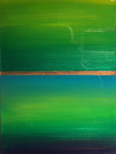 Load image into Gallery viewer, Studio Brambilla Aware Winning Toronto Artist: Home Decor: Want a cheerful painting that reminds you of Spring all the time? This colourfield painting is just for you! Beautiful shades of green surrounding blue water and a golden sunrise. Finished with shiny resin to make the colours pop, this will look great on dark or light coloured walls. This is 12"x16" acrylic on wood panel with wraparound painted sides making a frame unnecessary.