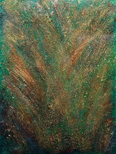 Load image into Gallery viewer, Studio Brambilla Aware Winning Toronto Artist: Home Decor: This is a highly textured piece with bright greens, reds and various shades of orange and yellow. This reminds me of looking down on a forest with the colours of the setting sun reflecting off the trees. This is 12'x16" acrylic on Venetian Plaster (which creates the texture) on a wood panel with a shiny resin finish and has wraparound painted sides so a frame is not required.