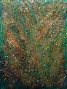 Studio Brambilla Aware Winning Toronto Artist: Home Decor: This is a highly textured piece with bright greens, reds and various shades of orange and yellow. This reminds me of looking down on a forest with the colours of the setting sun reflecting off the trees. This is 12'x16" acrylic on Venetian Plaster (which creates the texture) on a wood panel with a shiny resin finish and has wraparound painted sides so a frame is not required.