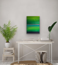 Load image into Gallery viewer, Studio Brambilla Aware Winning Toronto Artist: Home Decor: Want a cheerful painting that reminds you of Spring all the time? This colourfield painting is just for you! Beautiful shades of green surrounding blue water and a golden sunrise. Finished with shiny resin to make the colours pop, this will look great on dark or light coloured walls. This is 12"x16" acrylic on wood panel with wraparound painted sides making a frame unnecessary.