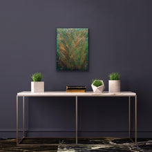 Load image into Gallery viewer, Studio Brambilla Aware Winning Toronto Artist: Home Decor: This is a highly textured piece with bright greens, reds and various shades of orange and yellow. This reminds me of looking down on a forest with the colours of the setting sun reflecting off the trees. This is 12'x16" acrylic on Venetian Plaster (which creates the texture) on a wood panel with a shiny resin finish and has wraparound painted sides so a frame is not required.