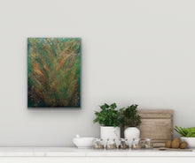 Load image into Gallery viewer, Studio Brambilla Aware Winning Toronto Artist: Home Decor: This is a highly textured piece with bright greens, reds and various shades of orange and yellow. This reminds me of looking down on a forest with the colours of the setting sun reflecting off the trees. This is 12'x16" acrylic on Venetian Plaster (which creates the texture) on a wood panel with a shiny resin finish and has wraparound painted sides so a frame is not required.