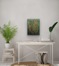 Load image into Gallery viewer, Studio Brambilla Aware Winning Toronto Artist: Home Decor: This is a highly textured piece with bright greens, reds and various shades of orange and yellow. This reminds me of looking down on a forest with the colours of the setting sun reflecting off the trees. This is 12'x16" acrylic on Venetian Plaster (which creates the texture) on a wood panel with a shiny resin finish and has wraparound painted sides so a frame is not required.