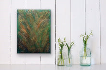Load image into Gallery viewer, Studio Brambilla Aware Winning Toronto Artist: Home Decor: This is a highly textured piece with bright greens, reds and various shades of orange and yellow. This reminds me of looking down on a forest with the colours of the setting sun reflecting off the trees. This is 12'x16" acrylic on Venetian Plaster (which creates the texture) on a wood panel with a shiny resin finish and has wraparound painted sides so a frame is not required.