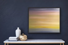 Load image into Gallery viewer, Studio Brambilla Aware Winning Toronto Artist: Home Decor: I wanted to feel how a child sees the world. This work is full of cheerful colours blending imperceptibly into each other. The softness and atmospheric quality of this painting and the hint of an island at the horizon make it surreal, tranquil and serene. At 24"x30" this is a wonderful piece for anywhere in your home. Oil o canvas finished with a black floating frame.