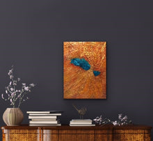 Load image into Gallery viewer, Studio Brambilla Aware Winning Toronto Artist: Home Decor: This is part of my Topography Series. Imagine yourself flying over a mountain range that holds a beautiful blue embedded lake. This is taken from an image of such a place and it creates an amazingly colourful addition to your home as well as a great conversation piece. This is 12"x16" acrylic on Venetian Plaster (which creates the texture) and finished with shiny resin and wraparound painted sides so a frame is not necessary.