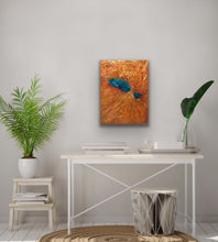 Load image into Gallery viewer, Studio Brambilla Aware Winning Toronto Artist: Home Decor: This is part of my Topography Series. Imagine yourself flying over a mountain range that holds a beautiful blue embedded lake. This is taken from an image of such a place and it creates an amazingly colourful addition to your home as well as a great conversation piece. This is 12"x16" acrylic on Venetian Plaster (which creates the texture) and finished with shiny resin and wraparound painted sides so a frame is not necessary.