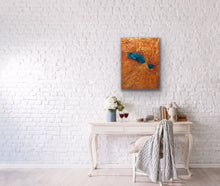 Load image into Gallery viewer, Studio Brambilla Aware Winning Toronto Artist: Home Decor: This is part of my Topography Series. Imagine yourself flying over a mountain range that holds a beautiful blue embedded lake. This is taken from an image of such a place and it creates an amazingly colourful addition to your home as well as a great conversation piece. This is 12"x16" acrylic on Venetian Plaster (which creates the texture) and finished with shiny resin and wraparound painted sides so a frame is not necessary.