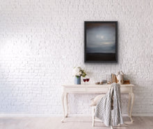 Load image into Gallery viewer, Studio Brambilla Aware Winning Toronto Artist: Home Decor: It's early morning on the beach and there has been overnight rain. But now the sun is making its case to come out and shine for the rest of the day...so cheer up and look on the bright side. This is a 14"x18" oil on wood panel With buffed resin varnish for a satin like finish and framed in a black floating museum frame.