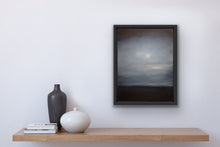 Load image into Gallery viewer, Studio Brambilla Aware Winning Toronto Artist: Home Decor: It's early morning on the beach and there has been overnight rain. But now the sun is making its case to come out and shine for the rest of the day...so cheer up and look on the bright side. This is a 14"x18" oil on wood panel With buffed resin varnish for a satin like finish and framed in a black floating museum frame.