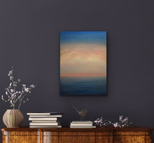 Load image into Gallery viewer, Studio Brambilla Aware Winning Toronto Artist: Home Decor: It&#39;s one of those days when the sky and water are the same colour as they envelope soft white and pink clouds. You can almost hear the song &quot;Oh What a Beautiful Morning&quot; playing as you walk along the beach.  This is a 14&quot;x18&quot; oil on wood panel with a buffed resin satin finish with a black floating frame.
