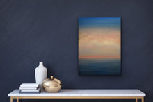 Load image into Gallery viewer, Studio Brambilla Aware Winning Toronto Artist: Home Decor: It's one of those days when the sky and water are the same colour as they envelope soft white and pink clouds. You can almost hear the song "Oh What a Beautiful Morning" playing as you walk along the beach. This is a 14"x18" oil on wood panel with a buffed resin satin finish with a black floating frame.