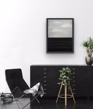 Load image into Gallery viewer, Studio Brambilla Aware Winning Toronto Artist: Home Decor: A tranquil colourfield painting of lazy clouds over lazy waves. Perfect if you want a very peaceful painting that fits in any décor. This is 14"x18" oil on wood panel with a resin finish and with a black floating frame. A very affordable unique work of art that could be perfect for you or for gift giving.