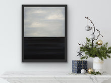 Load image into Gallery viewer, Studio Brambilla Aware Winning Toronto Artist: Home Decor: A tranquil colourfield painting of lazy clouds over lazy waves. Perfect if you want a very peaceful painting that fits in any décor. This is 14"x18" oil on wood panel with a resin finish and with a black floating frame. A very affordable unique work of art that could be perfect for you or for gift giving.