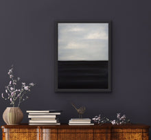 Load image into Gallery viewer, Studio Brambilla Aware Winning Toronto Artist: Home Decor: A tranquil colourfield painting of lazy clouds over lazy waves. Perfect if you want a very peaceful painting that fits in any décor. This is 14"x18" oil on wood panel with a resin finish and with a black floating frame. A very affordable unique work of art that could be perfect for you or for gift giving.
