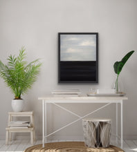 Load image into Gallery viewer, Studio Brambilla Aware Winning Toronto Artist: Home Decor: A tranquil colourfield painting of lazy clouds over lazy waves. Perfect if you want a very peaceful painting that fits in any décor. This is 14"x18" oil on wood panel with a resin finish and with a black floating frame. A very affordable unique work of art that could be perfect for you or for gift giving.