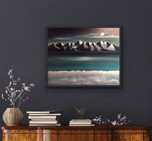 Load image into Gallery viewer, Studio Brambilla Aware Winning Toronto Artist: Home Decor: I love flying. I love mountains. I love moonlight. I love clouds. And I love the song Fly Me To The Moon. So here is my version of the song in a painting. Flying above the clouds with beautiful Group of Seven inspired mountains being lit by the powerful light of a full moon casting shadows from one mountain peak to the other. And in the middle of all this beauty is a lovely turquoise sea also being lit by the moon
