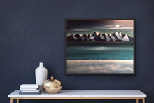 Load image into Gallery viewer, Studio Brambilla Aware Winning Toronto Artist: Home Decor: I love flying. I love mountains. I love moonlight. I love clouds. And I love the song Fly Me To The Moon. So here is my version of the song in a painting. Flying above the clouds with beautiful Group of Seven inspired mountains being lit by the powerful light of a full moon casting shadows from one mountain peak to the other. And in the middle of all this beauty is a lovely turquoise sea also being lit by the moon