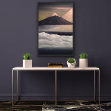 Load image into Gallery viewer, Mt Fuji is one of the most beautiful mountains (volcanos) in the world and rightly so. It is breathtaking. This painting is based on a photo taken by a friend standing atop a promontory high above the clouds as Fuji makes its appearance in the morning with the sun coming in from the right. Ironically Fuji is only visible about 90 days per year so this was great timing. The snow capped peak and the sunlight are rendered in high quality metallic oils so that the colours change depending on where you stand to