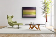 Load image into Gallery viewer, Studio Brambilla Aware Winning Toronto Artist: Home Decor: Lavender and lime are complementary colours that are not used together very often but I love the harmony they create together. So I wanted to create a surreal seascape using those colours. Well a viewer of this work said it looked exactly like a sky she has seen many times up at her cottage. So this shows that real and surreal are truly closely related! This is a 22"x30" oil on canvas
