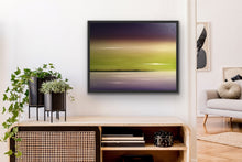 Load image into Gallery viewer, Studio Brambilla Aware Winning Toronto Artist: Home Decor: Lavender and lime are complementary colours that are not used together very often but I love the harmony they create together. So I wanted to create a surreal seascape using those colours. Well a viewer of this work said it looked exactly like a sky she has seen many times up at her cottage. So this shows that real and surreal are truly closely related! This is a 22"x30" oil on canvas