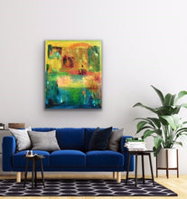 Load image into Gallery viewer, Studio Brambilla Aware Winning Toronto Artist: Home Decor: I very often like to take on the challenge of trying to depict time in an otherwise static image. Here I have imagined a very abstract view of the sun setting from noon to dusk. It makes for a highly kinetic painting that will fill your room with lots of colour. This is 30"x36" acrylic on canvas with a shinny resin finish so the colours really "pop". Framed with a black floating frame to highlight the image.