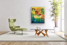 Load image into Gallery viewer, Studio Brambilla Aware Winning Toronto Artist: Home Decor: I very often like to take on the challenge of trying to depict time in an otherwise static image. Here I have imagined a very abstract view of the sun setting from noon to dusk. It makes for a highly kinetic painting that will fill your room with lots of colour. This is 30"x36" acrylic on canvas with a shinny resin finish so the colours really "pop". Framed with a black floating frame to highlight the image.