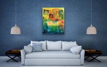 Load image into Gallery viewer, Studio Brambilla Aware Winning Toronto Artist: Home Decor: I very often like to take on the challenge of trying to depict time in an otherwise static image. Here I have imagined a very abstract view of the sun setting from noon to dusk. It makes for a highly kinetic painting that will fill your room with lots of colour. This is 30"x36" acrylic on canvas with a shinny resin finish so the colours really "pop". Framed with a black floating frame to highlight the image.